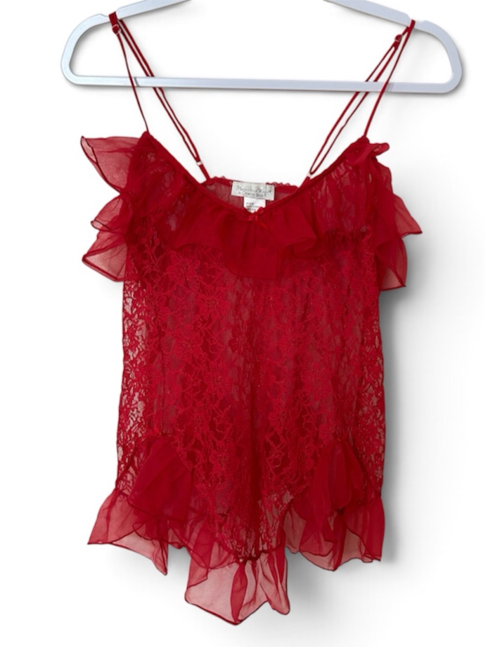 Vintage Seductive Wear Red Lace Ruffle Bow Chemise with Sheer Chiffon Trim